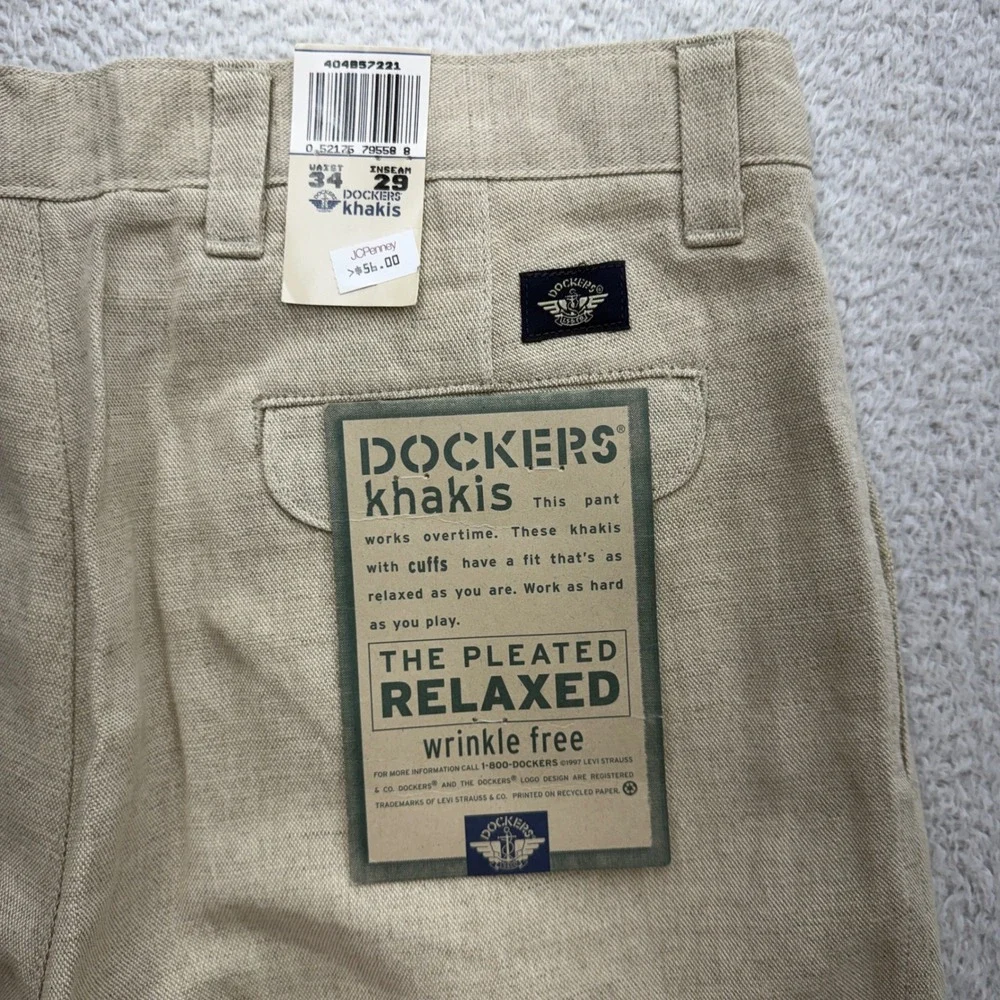 VTG Dockers Mens Beige Linen Blend Pleated Relaxed Khakis Pants Cuffed 34x29 NWT